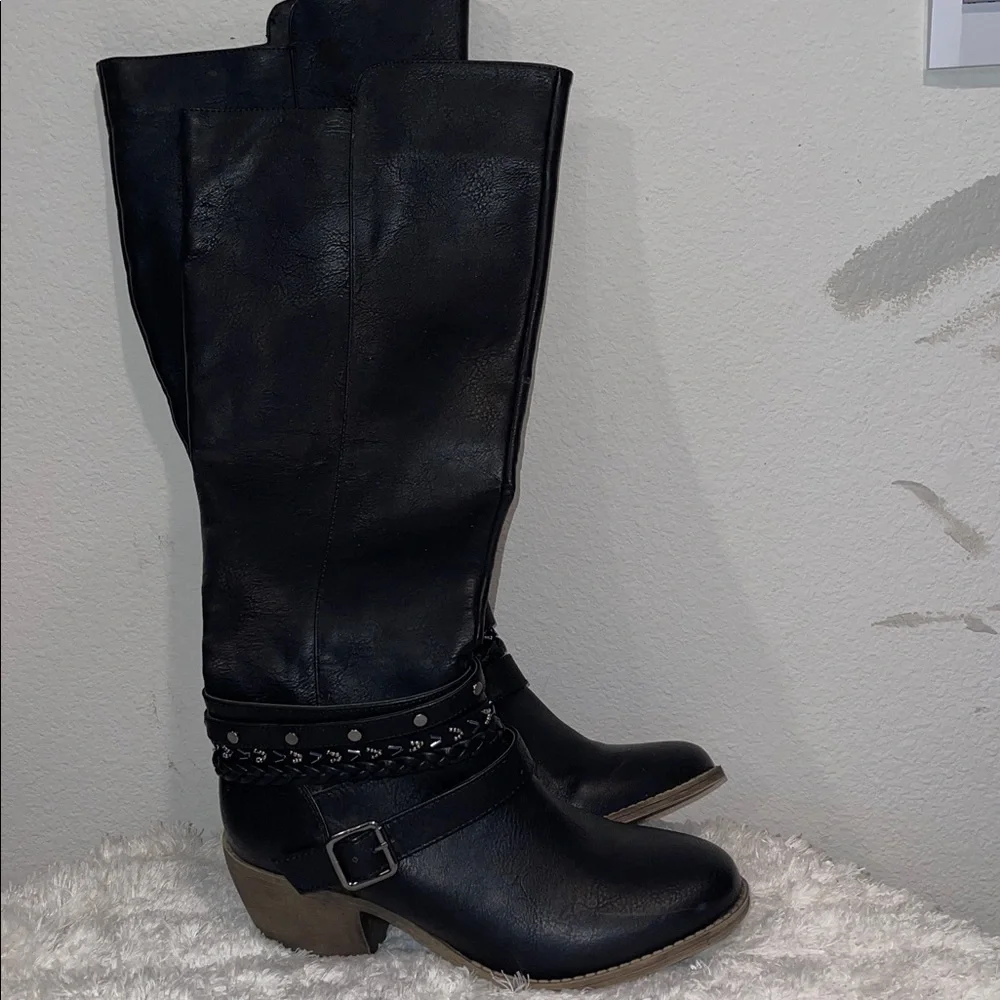 Black Knee-High Riding Boots with Buckle & Braided Strap